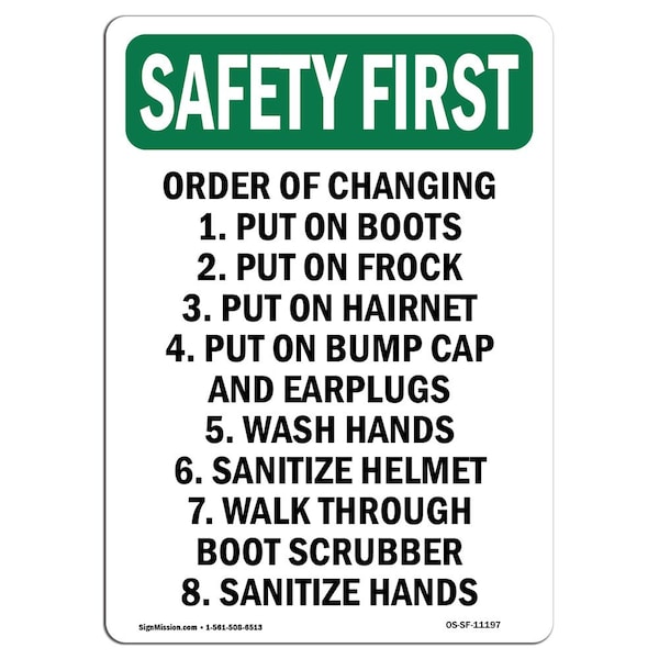 OSHA Sign, Order Of Changing 1. Put On Boots, 14in X 10in Aluminum, 10" W, 14" H, Portrait